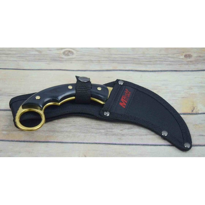 Couteau MTech Karambit Manche Pakkawood Lame Acier 3Cr13 Finition Or Etui Nylon MT2084GD - Livraison Gratuite