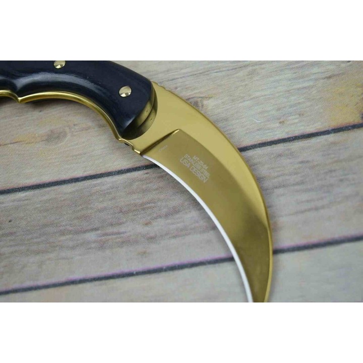Couteau MTech Karambit Manche Pakkawood Lame Acier 3Cr13 Finition Or Etui Nylon MT2084GD - Livraison Gratuite