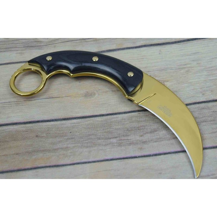 Couteau MTech Karambit Manche Pakkawood Lame Acier 3Cr13 Finition Or Etui Nylon MT2084GD - Livraison Gratuite