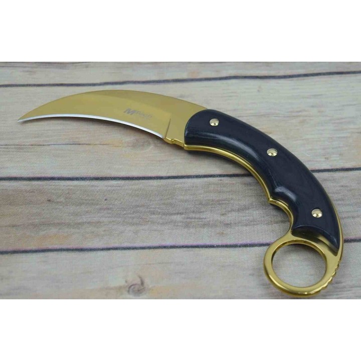 Couteau MTech Karambit Manche Pakkawood Lame Acier 3Cr13 Finition Or Etui Nylon MT2084GD - Livraison Gratuite