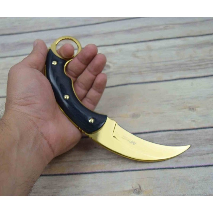 Couteau MTech Karambit Manche Pakkawood Lame Acier 3Cr13 Finition Or Etui Nylon MT2084GD - Livraison Gratuite