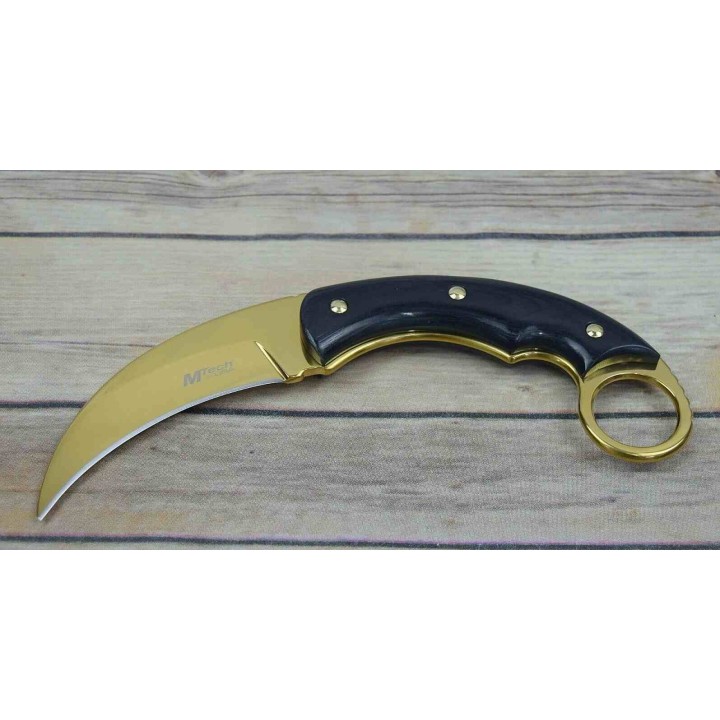 Couteau MTech Karambit Manche Pakkawood Lame Acier 3Cr13 Finition Or Etui Nylon MT2084GD - Livraison Gratuite