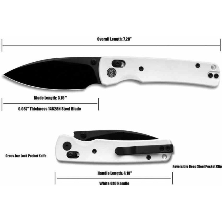 Couteau Miguron Vakor White Lame Drop Point Acier 14C28N Manche G10 Crossbar Lock Clip MGR817AWH - Livraison Gratuite