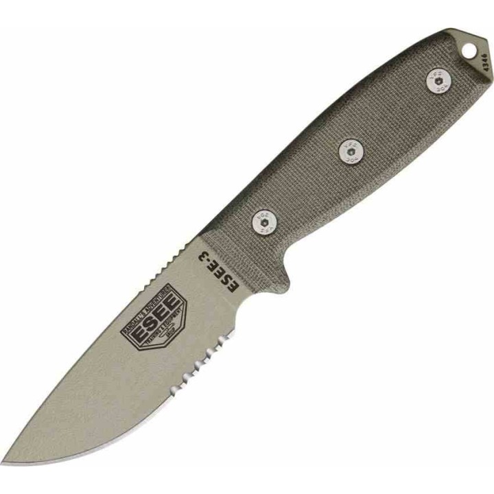 Couteau ESEE Model 3 Lame Acier Carbone 1095HC Manche Micarta Made USA ES3SKODT - Livraison Gratuite