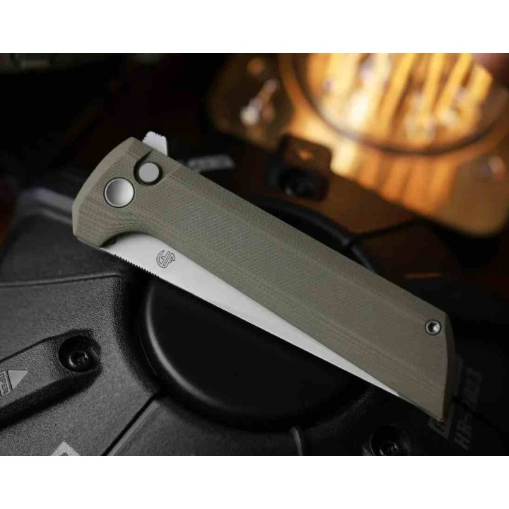 Couteau North Mountain Blade Lame TANTO Acier SLD-Magic San Mai Manche G10 Green Button Lock NMB2406G - Livraison Gratuite