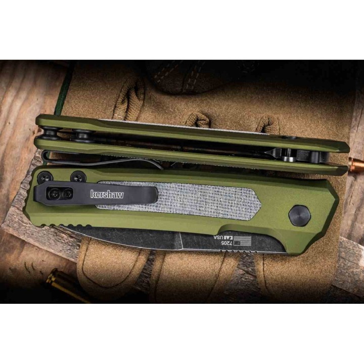 Couteau Automatique Kershaw Launch 22 Lame Acier CPM-MagnaCut Manche Green Alu/Micarta Button Lock USA KS7205 - Livraison Gratui