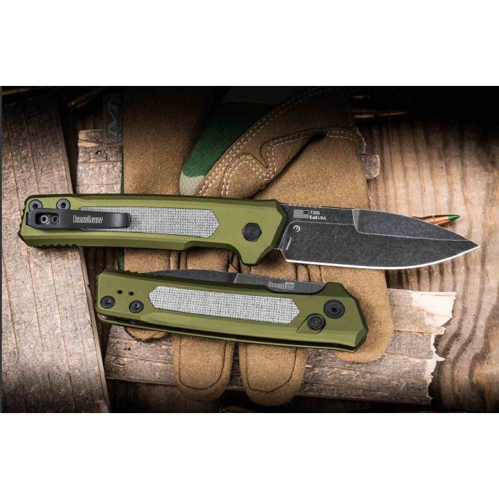 Couteau Automatique Kershaw Launch 22 Lame Acier CPM-MagnaCut Manche Green Alu/Micarta Button Lock USA KS7205 - Livraison Gratui