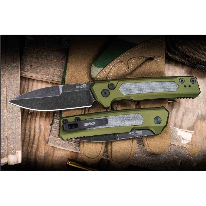 Couteau Automatique Kershaw Launch 22 Lame Acier CPM-MagnaCut Manche Green Alu/Micarta Button Lock USA KS7205 - Livraison Gratui