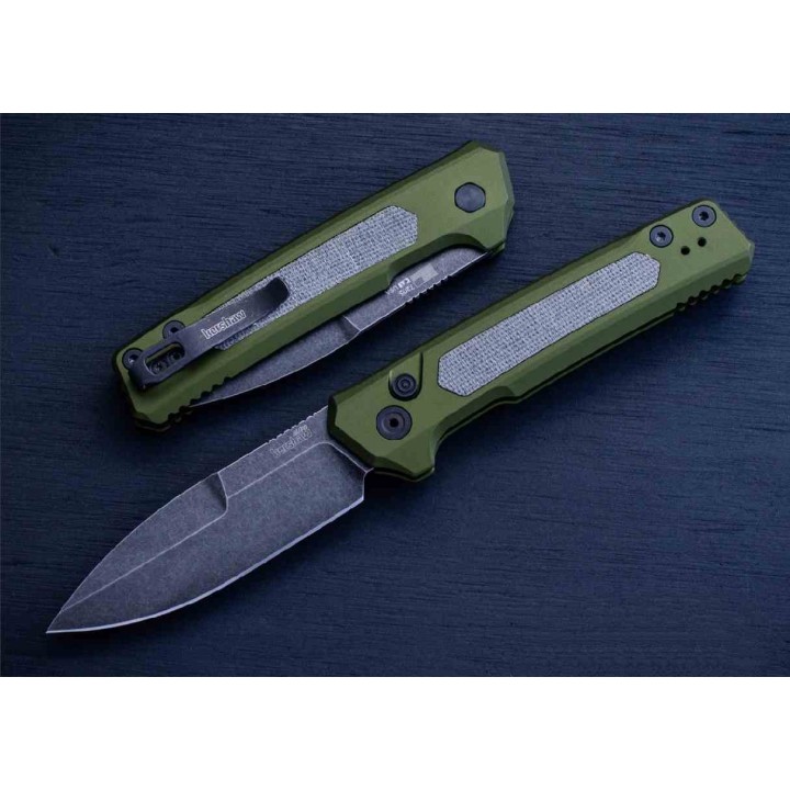Couteau Automatique Kershaw Launch 22 Lame Acier CPM-MagnaCut Manche Green Alu/Micarta Button Lock USA KS7205 - Livraison Gratui
