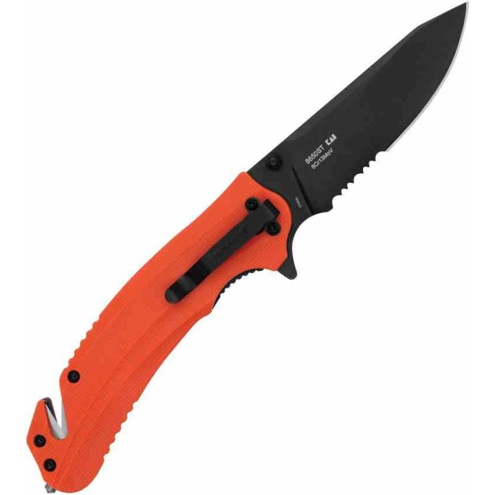 Couteau A/O Kershaw Barricade Lame Acier 8Cr13MoV Manche Orange GFN Coupe Ceintures Brise Vitres KS8650ST - Livraison Gratuite