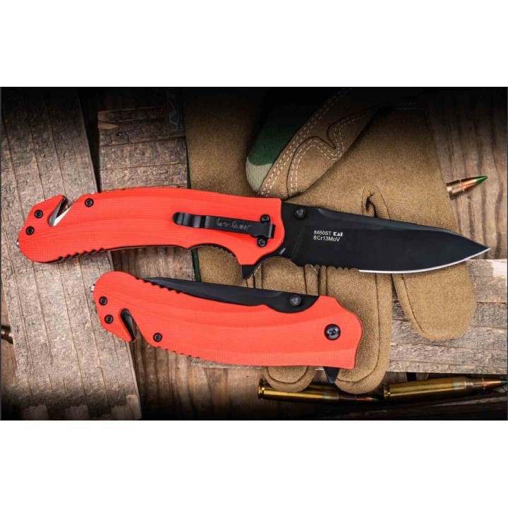 Couteau A/O Kershaw Barricade Lame Acier 8Cr13MoV Manche Orange GFN Coupe Ceintures Brise Vitres KS8650ST - Livraison Gratuite
