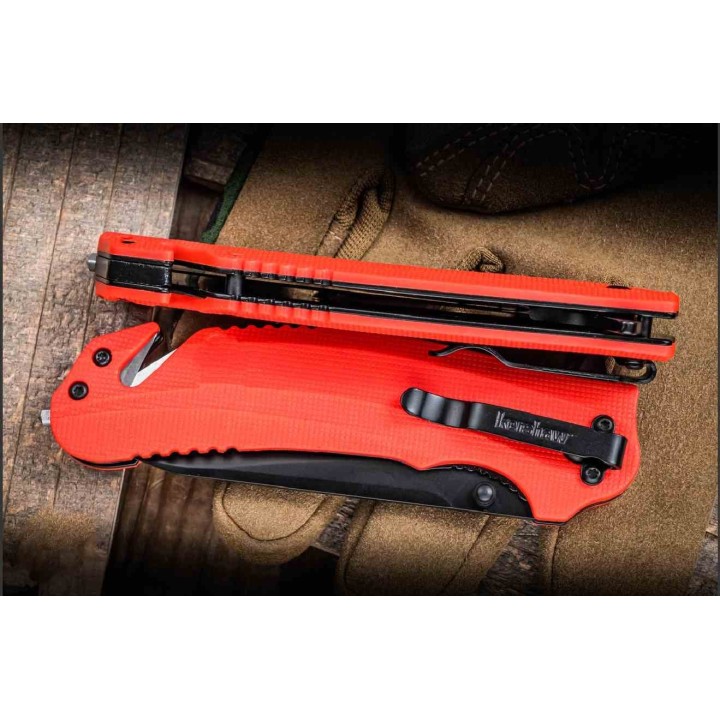 Couteau A/O Kershaw Barricade Lame Acier 8Cr13MoV Manche Orange GFN Coupe Ceintures Brise Vitres KS8650ST - Livraison Gratuite