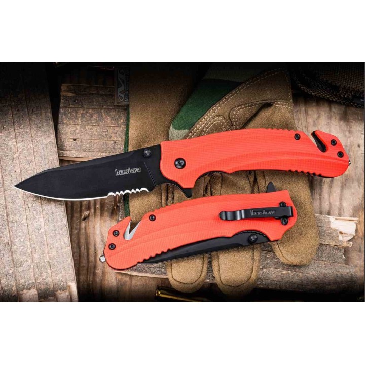 Couteau A/O Kershaw Barricade Lame Acier 8Cr13MoV Manche Orange GFN Coupe Ceintures Brise Vitres KS8650ST - Livraison Gratuite