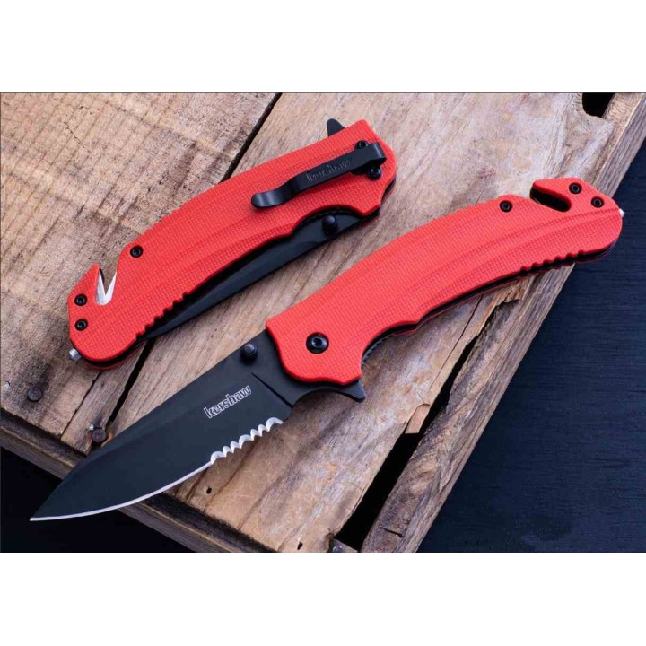 Couteau A/O Kershaw Barricade Lame Acier 8Cr13MoV Manche Orange GFN Coupe Ceintures Brise Vitres KS8650ST - Livraison Gratuite