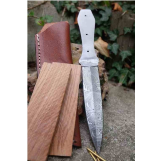 Lame Dague Damas 256 Couches Lame A Customiser Le Manche Fabr Artisanale Plaquettes Bois + Etui Cuir Dague - Livraison Gratuite