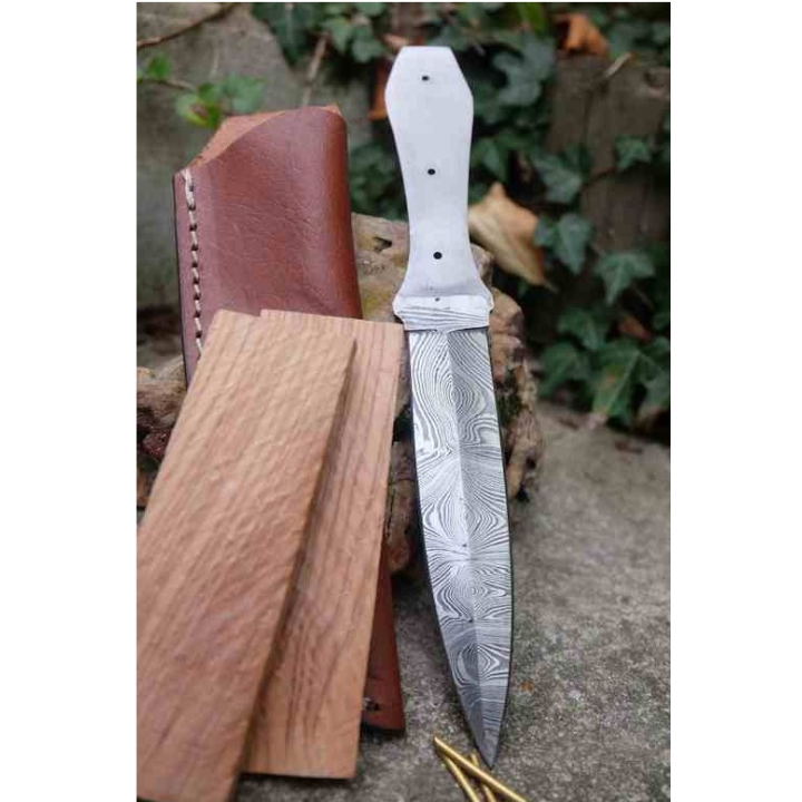 Lame Dague Damas 256 Couches Lame A Customiser Le Manche Fabr Artisanale Plaquettes Bois + Etui Cuir Dague - Livraison Gratuite