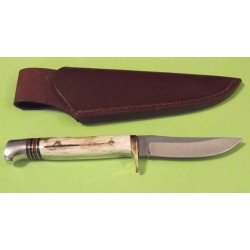 Couteau de Chasse Frost Lame Acier Carbone/Inox Manche Bois de Cerf Etui Cuir FTS179DS - Livraison Gratuite