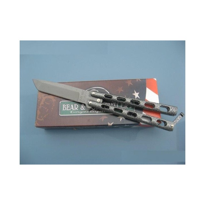 Couteau Papillon Butterfly Ballisong Bear & Son Butterfly 5" Tanto Silver Handles Made In USA - BC114A - Livraison Gratuite