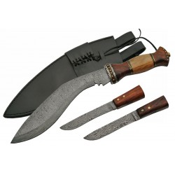 Couteau Kukri Damas Acier 256 Couches Manche Bois d'Olivier Etui Cuir 2 Petits Couteaux Damas DM1134 - Livraison Gratuite