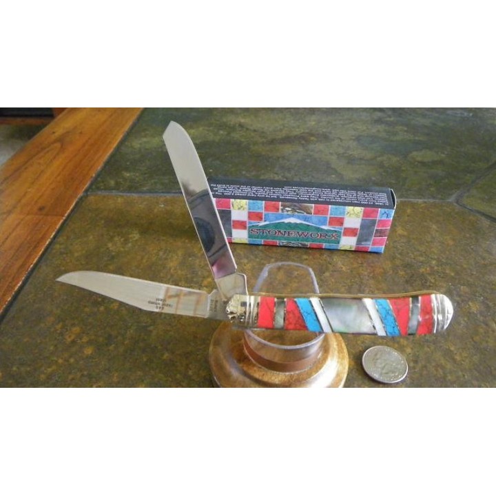 Couteau Canif 2 Lames Rough Rider Stoneworx Large Trapper Manche Turquoise RR918 - Livraison Gratuite