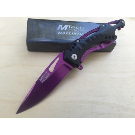 Couteau Mtech Purple A/O Lame Acier Inox Plain Manche Alu Ouvre Bouteilles MTA705PE - Livraison Gratuite