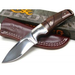 Couteau De Chasse Bushcraft Browning Fixed Blade Cocobolo Acier Inox Manche Bois Etui Cuir BR0229 - Livraison Gratuite