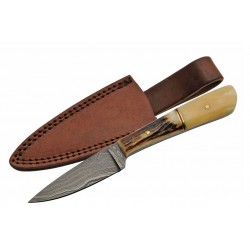 Couteau Damas Skinner Lame 256 Couches Manche Bois de Cerf & Os Etui Cuir DM1174 - Livraison Gratuite