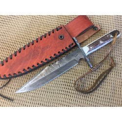 Couteau Bowie Damas Lame 256 Couches Manche Os Cerfé Etui Cuir Old Forge OF041 - Livraison Gratuite