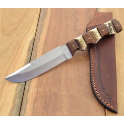 Couteau de Chasse Steel Stag Lame Acier Carbone/Inox Manche Bois & Cerf Etui Cuir SS7019 - Livraison Gratuite