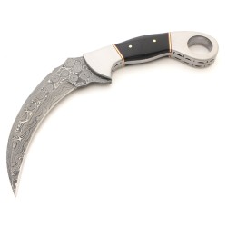 Couteau Damas Karambit 256 Couches Manche Corne Etui Cuir DM1177 - Livraison Gratuite