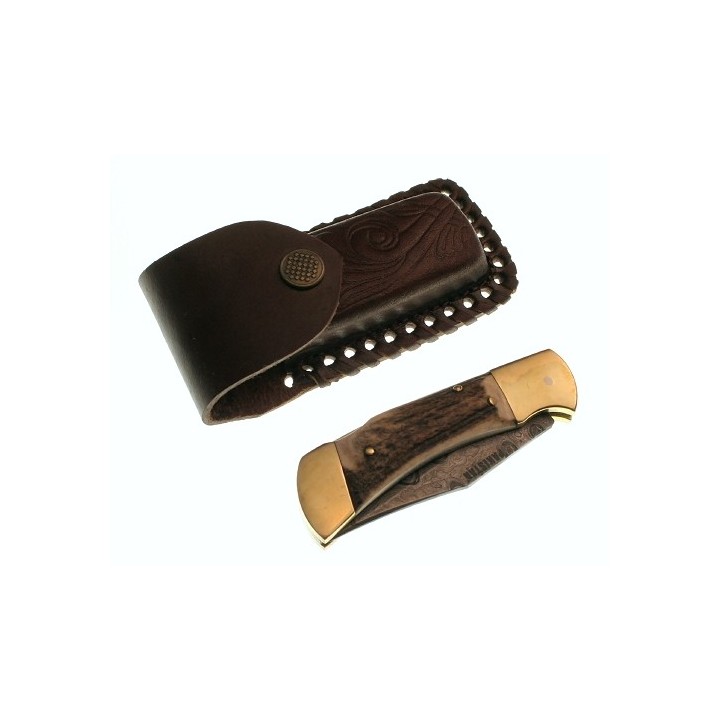 Couteau BOIS DE CERF et DAMAS DM1019 + HOUSSE EN CUIR