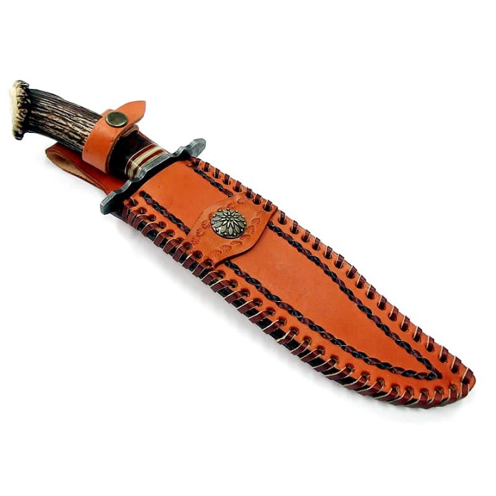 Couteau De Chasse Bowie Lame Damas 256 Couches Manche Bois de Cerf DM1042 - Livraison Gratuite