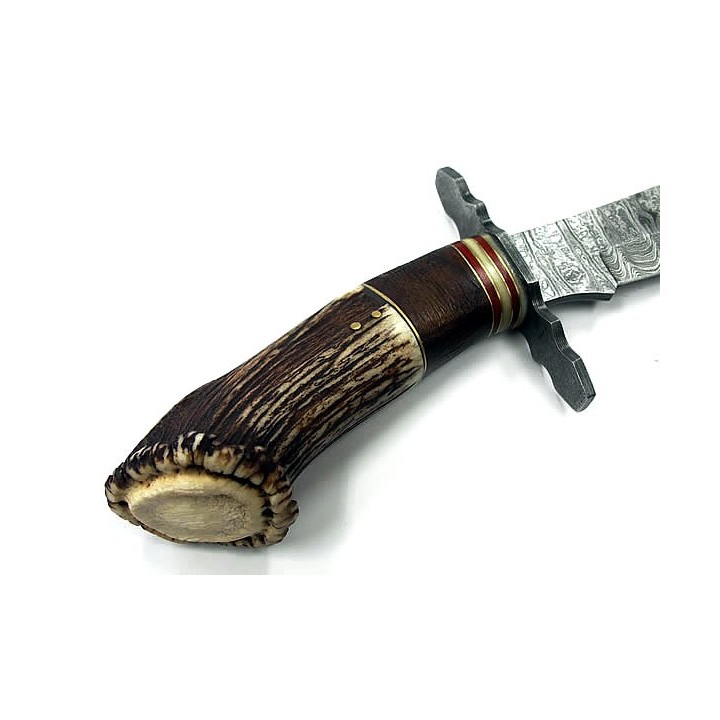 Couteau De Chasse Bowie Lame Damas 256 Couches Manche Bois de Cerf DM1042 - Livraison Gratuite