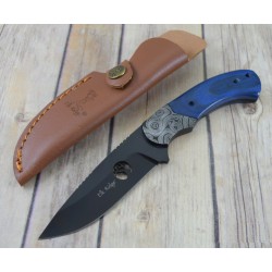 Couteau de Chasse Elk Ridge Lame Acier 3Cr13 Manche Bois Blue Etui Simili Cuir ER20009BL - Livraison Gratuite