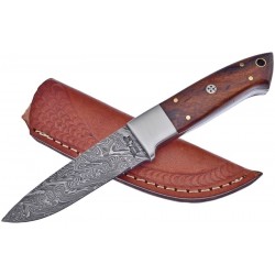 Couteau de Chasse Damas Frost Cutlery Hunter Rosewood Lame 256 Couches Manche Bois Etui Cuir FVFD57RW - Livraison Gratuite