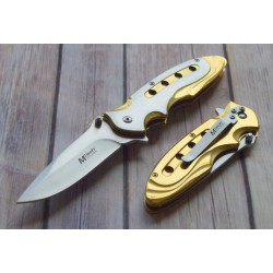 Couteau Mtech Golden Boy A/O Lame Acier Inox Manche Silver/Gold Aluminium Linerlock Clip MTA960GD - Livraison Gratuite