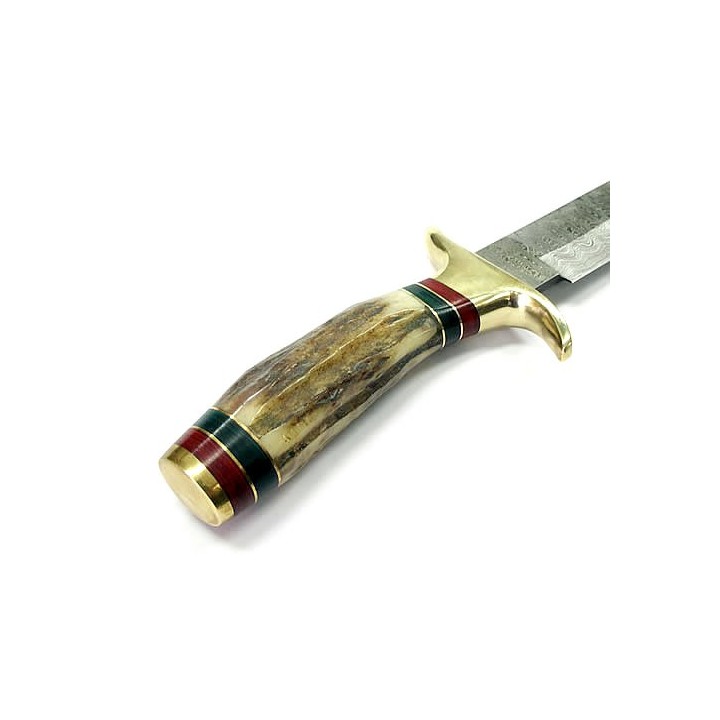 Couteau Bowie de Chasse Lame en DAMAS 128 couches Manche en Bois de Cerf DM1032 - Livraison Gratuite