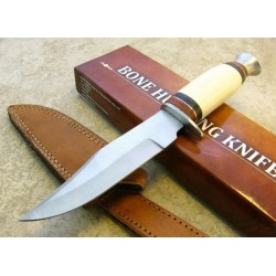 Couteau de Chasse Hunting Bowie Bone Lame Acier Inox Manche Os Etui Cuir PA3358BO - Livraison Gratuite