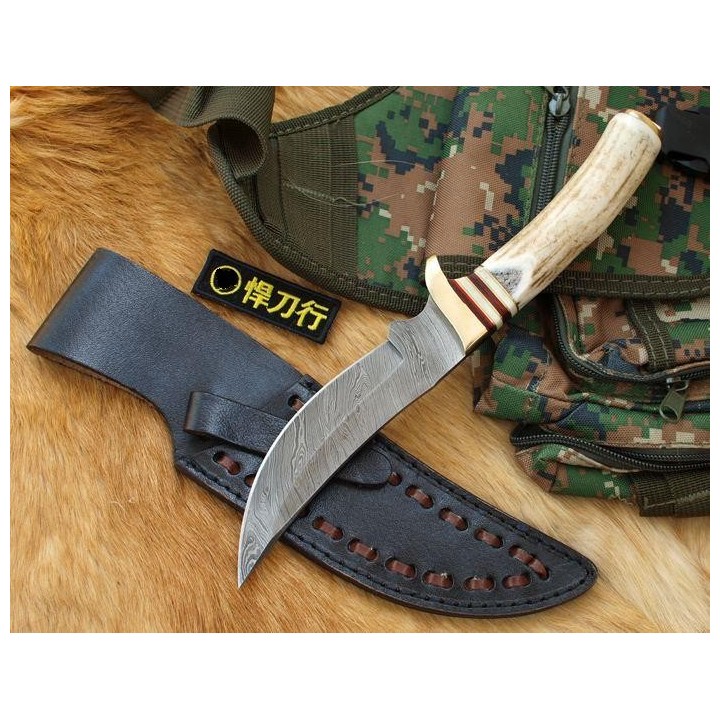 Couteau Bowie Lame DAMAS 128 couches Manche Bois de Cerf + Housse en Cuir DM1045 - Livraison Gratuite