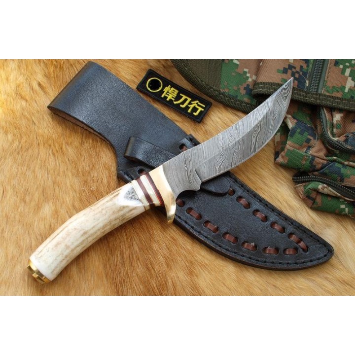 Couteau Bowie Lame DAMAS 128 couches Manche Bois de Cerf + Housse en Cuir DM1045 - Livraison Gratuite