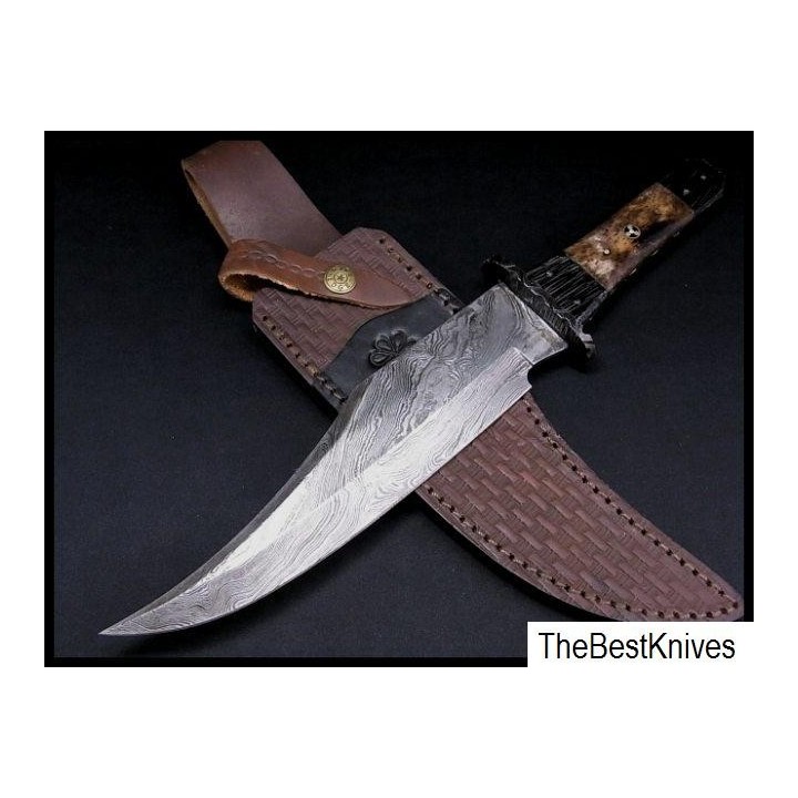 Couteau Bowie Damas Tri Circle Bowie Lame Acier Damas 256 Couches Manche en Os DM1049 - Livraison Gratuite