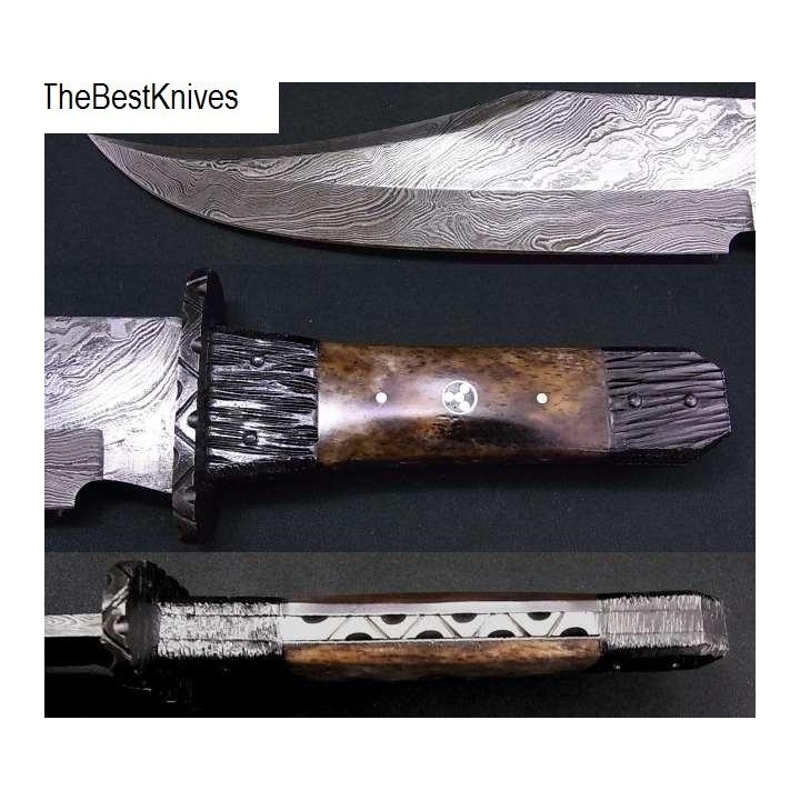 Couteau Bowie Damas Tri Circle Bowie Lame Acier Damas 256 Couches Manche en Os DM1049 - Livraison Gratuite