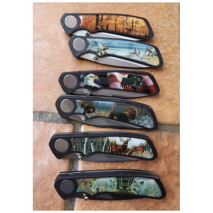 Lot de 6 Couteaux Outdoor Life Ours Aigle Loup Cerf Cran d'arrêt AH500 - Livraison Gratuite