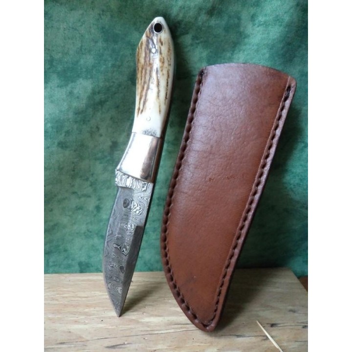 Couteau Lame Damas 176 Couches Manche Bois de Cerf Etui Cuir  DM1050SG - Livraison Gratuite