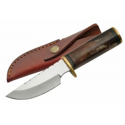 Couteau de Chasse Skinner Lame Acier Inox Manche Os Etui Cuir PA8004BR - Livraison Gratuite