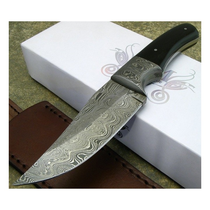 Couteau de Chasse Lame Damas 256 Couches Manche Os Garde Damas Etui Cuir DM1051HN - Livraison Gratuite