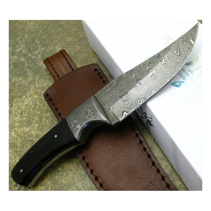 Couteau de Chasse Lame Damas 256 Couches Manche Os Garde Damas Etui Cuir DM1051HN - Livraison Gratuite