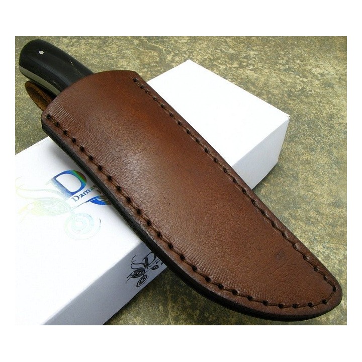 Couteau de Chasse Lame Damas 256 Couches Manche Os Garde Damas Etui Cuir DM1051HN - Livraison Gratuite