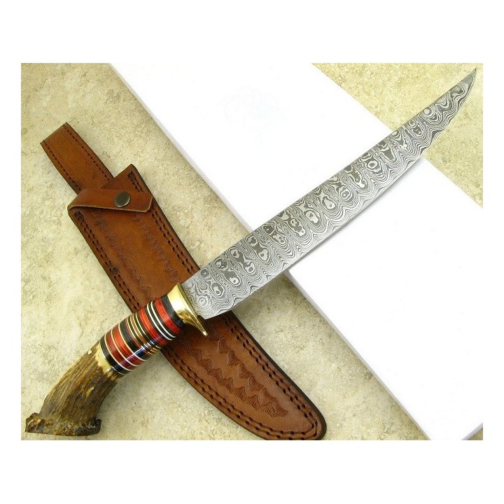 Couteau de Chasse Lame Damas 260 Couches Manche Bois de Cerf Etui Cuir DM1059 - Livraison Gratuite