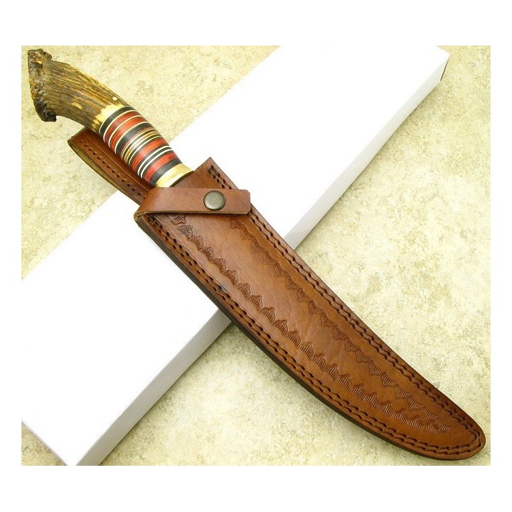 Couteau de Chasse Lame Damas 260 Couches Manche Bois de Cerf Etui Cuir DM1059 - Livraison Gratuite